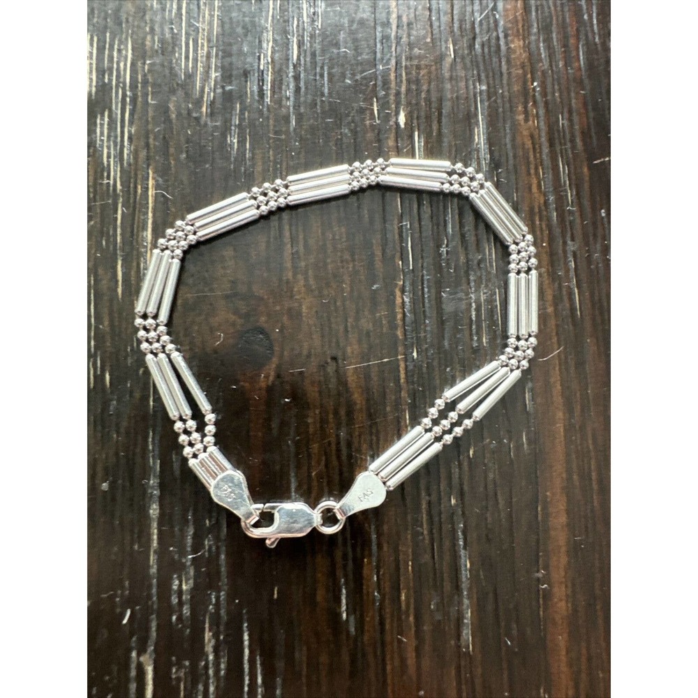 Women Italy 925 Sterling Silver Bar and Ball Bead Multi chains Hand Bracelet 8"